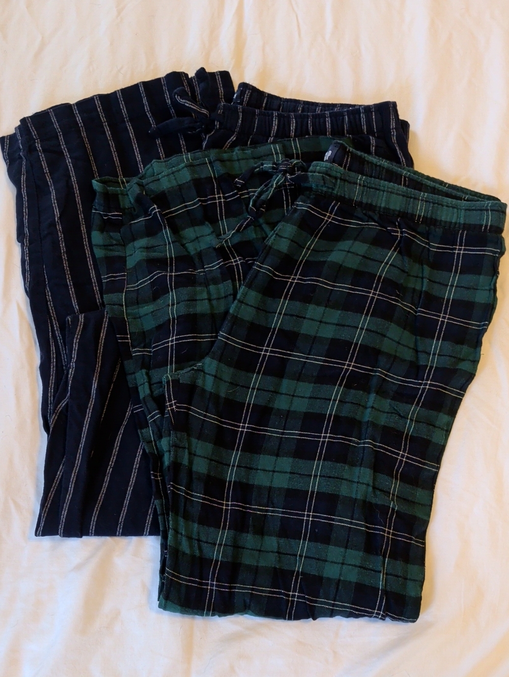 GAP Pair of Flannel Pajama Pants - Green & Navy Plaid + Blue Pinstripe - Size M